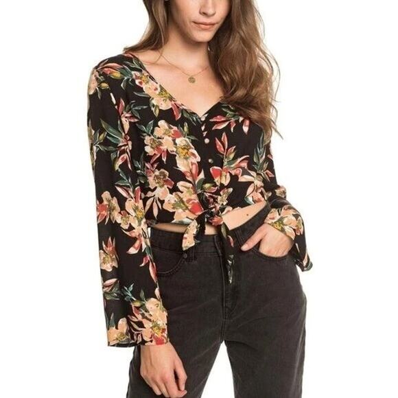 NWT Roxy Winter Garden Dobby Floral Tie Front Blouse Long Sleeve Boho Coastal - Picture 1 of 14